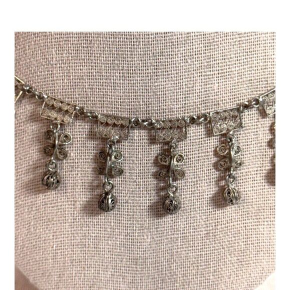Vtg Silver-Tone Dangling Filigree Necklace Geometric Floral Motifs Hook 17" READ - Picture 2 of 8